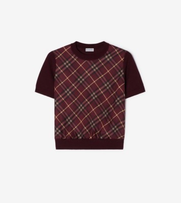 Check Panel Wool Silk T-shirt in Vineyard red - Women | Burberry® Official