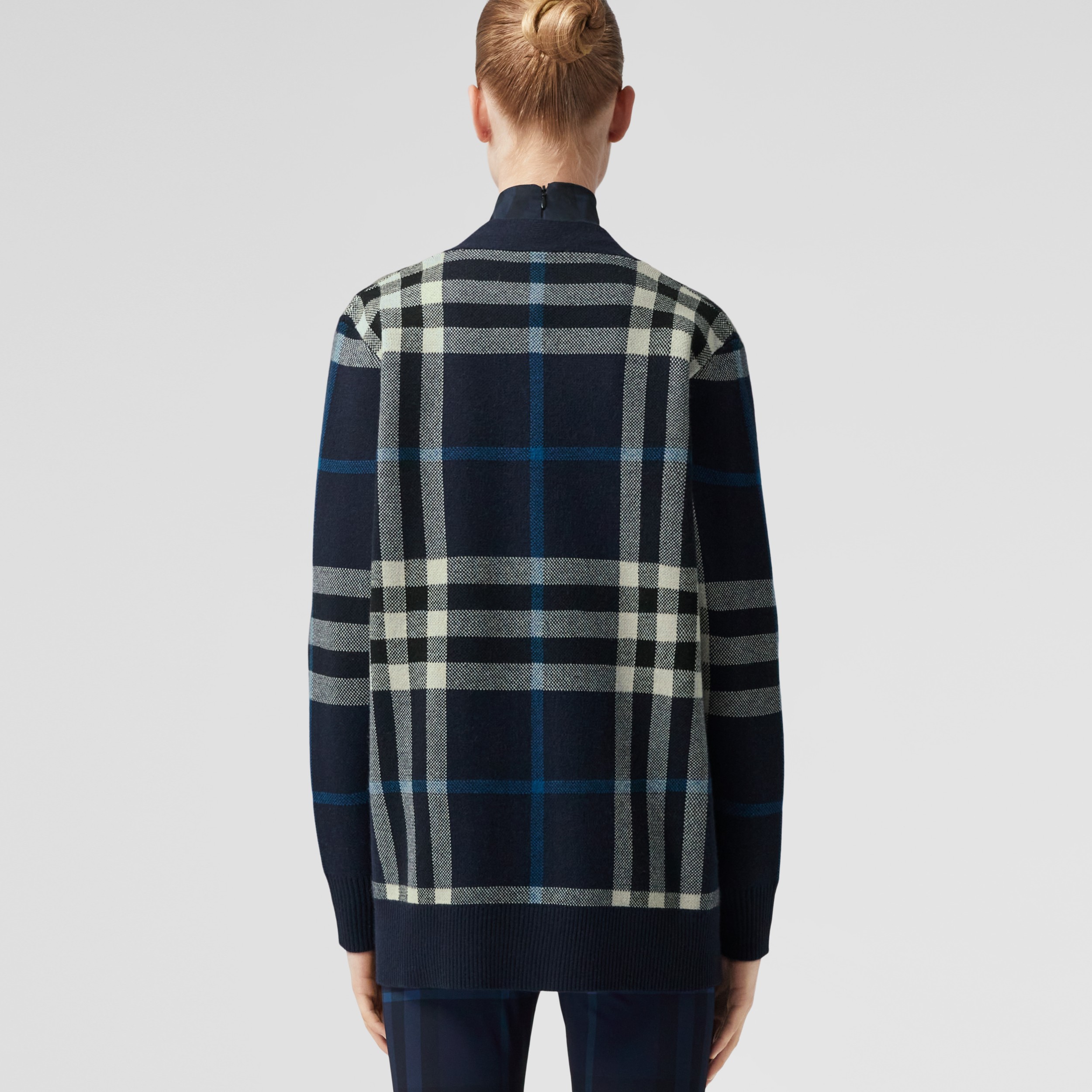 Check Wool Cashmere Jacquard Oversized Cardigan in Dark Charcoal Blue Women Burberry® Official