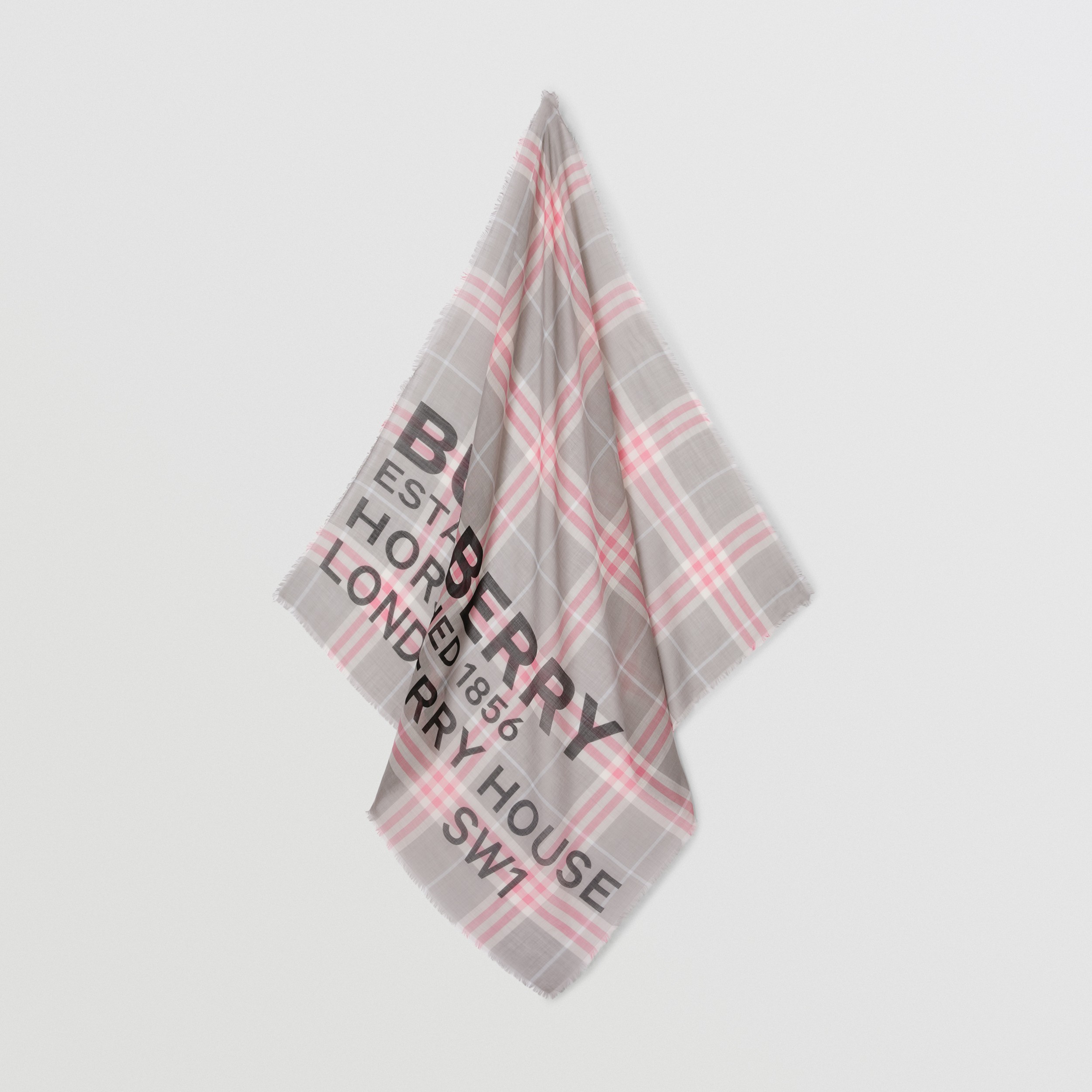 Horseferry Print Check Wool Silk Large Square Scarf in Pale Grey/pale Pink | Burberry® Official - 4