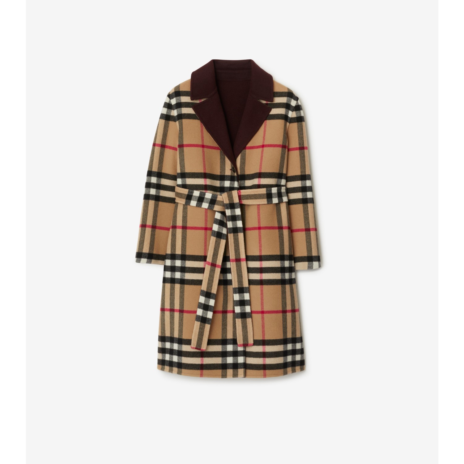 Reversible Check Wool Coat in Plum/archive beige - Women, Cashmere