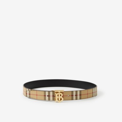 Burberry Check And Leather Reversible Tb Belt In Archive Beige/gold
