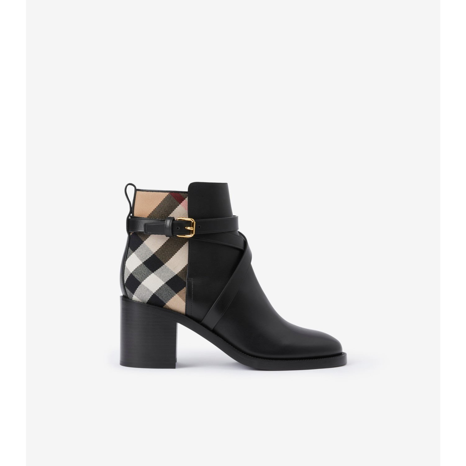 House Check and Leather Ankle Boots in Black/archive beige - Women