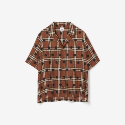Polka Dot Vintage Check Silk Pyjama Shirt in Dark Birch Brown 