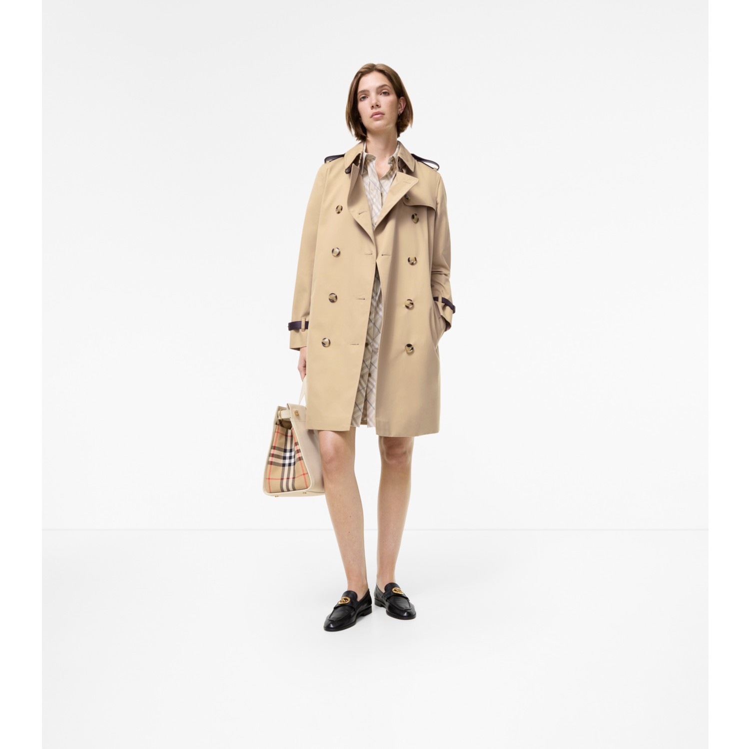 Mittellanger Trenchcoat „Kensington“ mit Lederbesatz