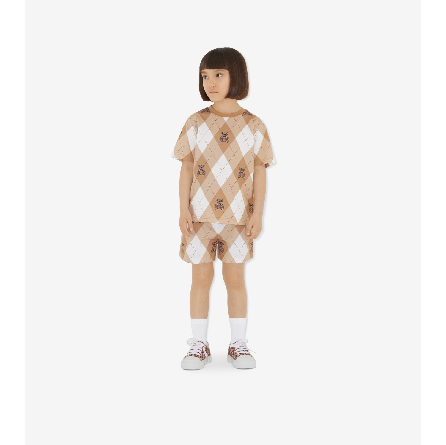 Thomas Bear Argyle Print Cotton T-shirt in Soft Fawn | Burberry® Official