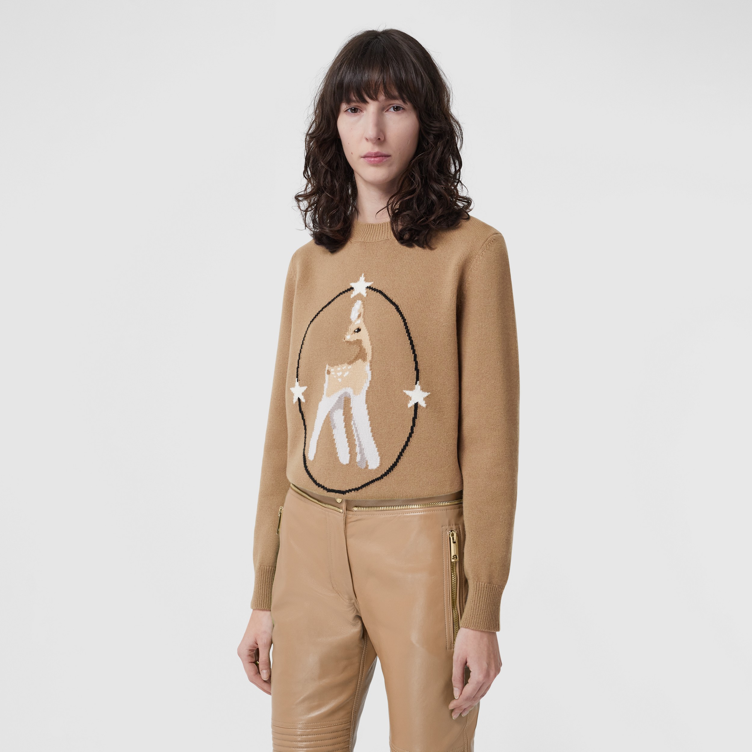 Deer Intarsia Wool Cashmere Blend Sweater in Camel - Women | Burberry® Official - 1