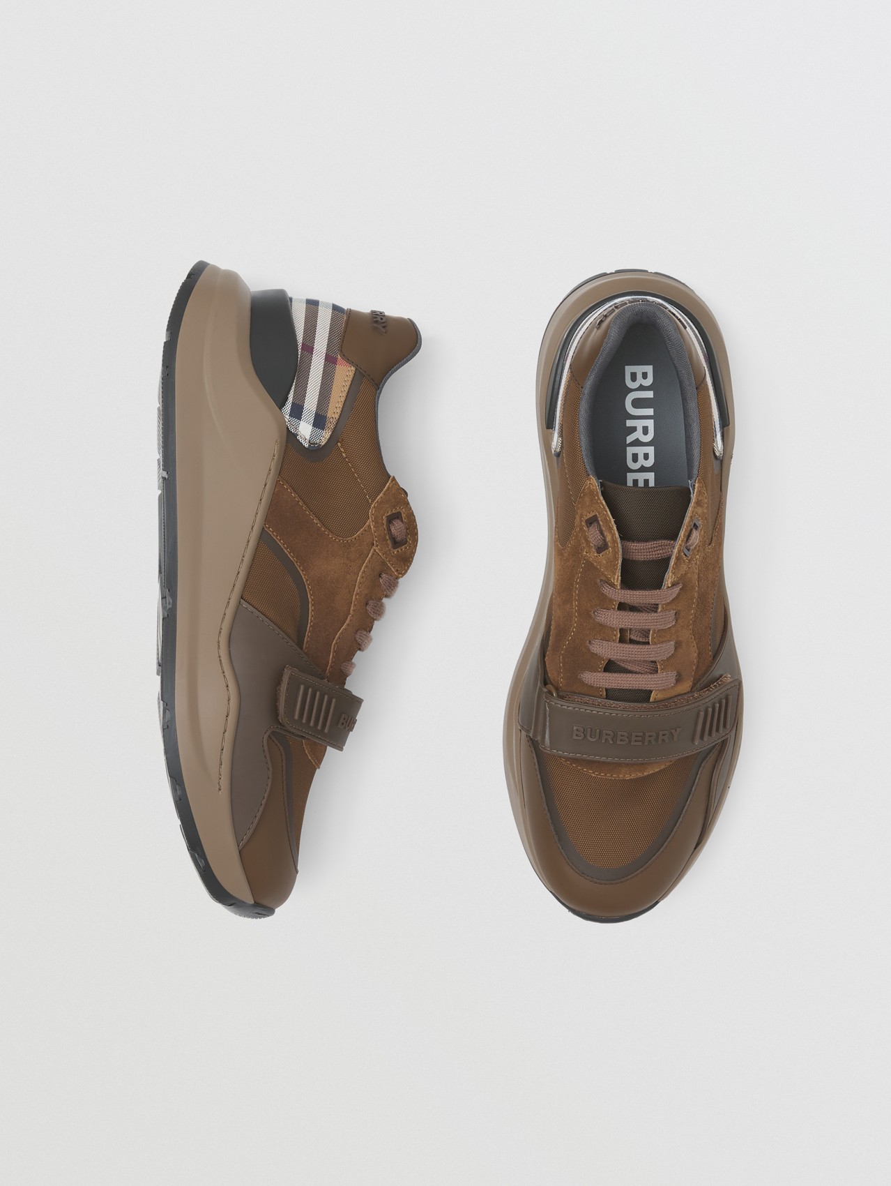 Sneakers en cuir et cuir velours check (Moka Foncé)