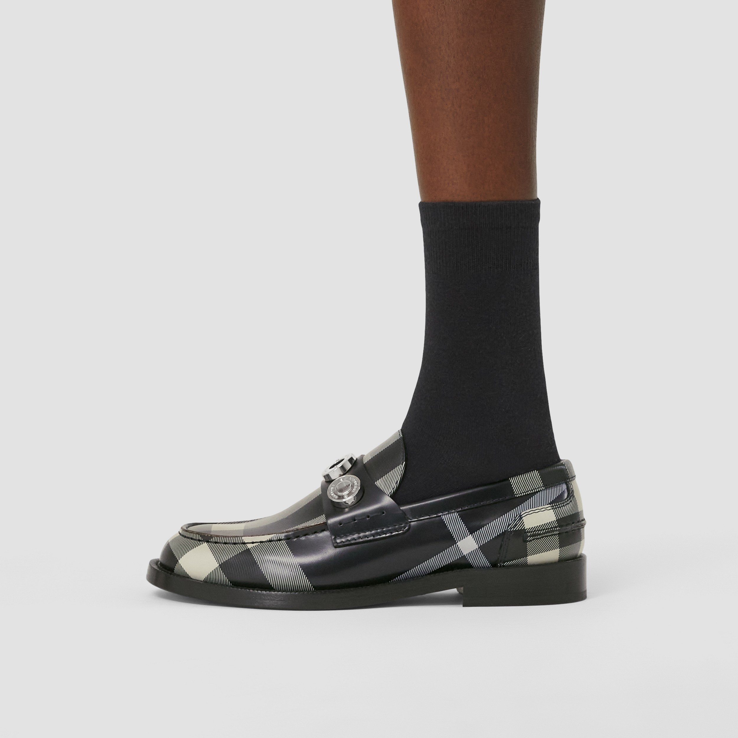 Logo Detail Check Leather Loafers – Exclusive Capsule Collection in Dark Charcoal Blue - Women | Burberry® Official - 3