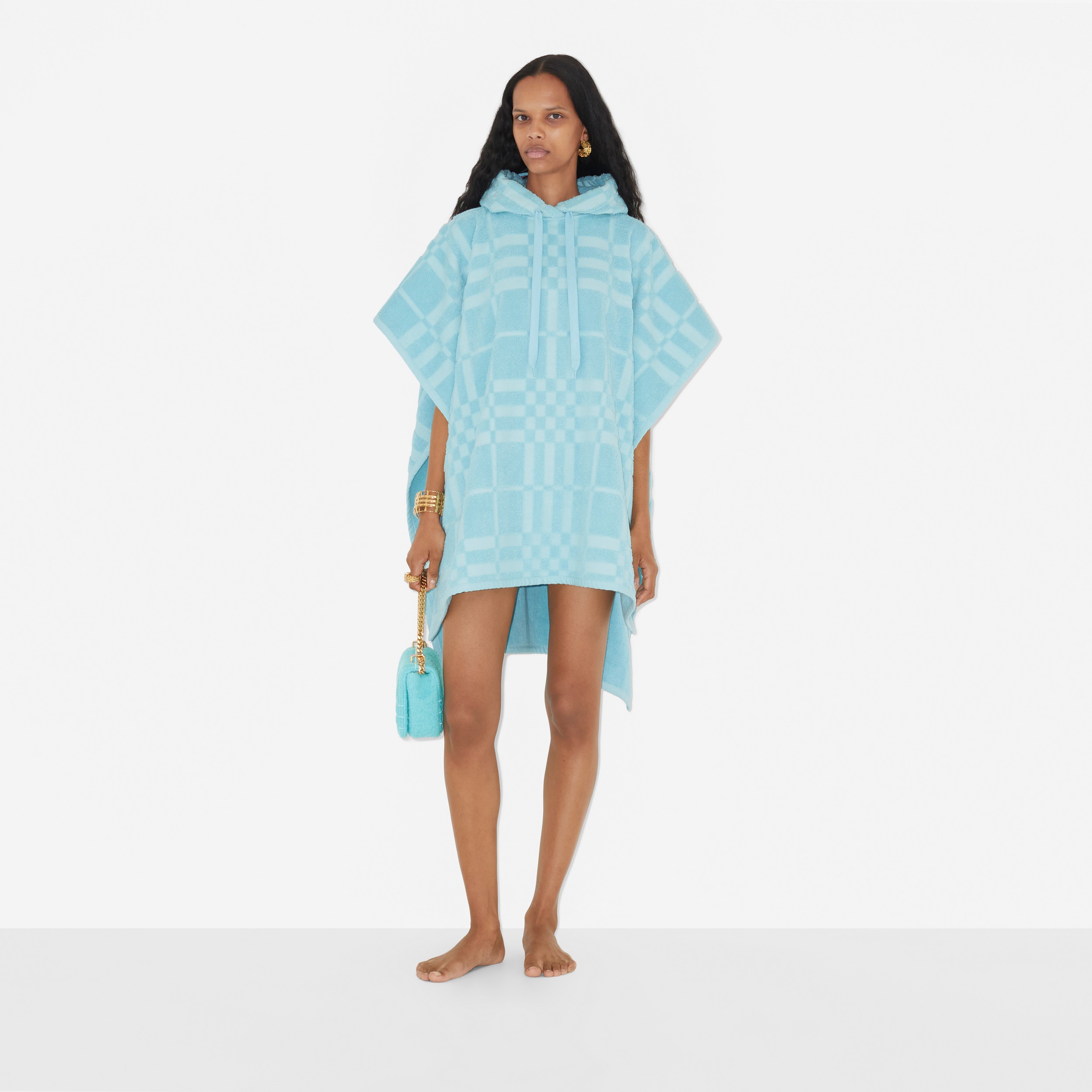Check Cotton Jacquard Poncho in Bright Topaz Blue - Women | Burberry® Official - 2
