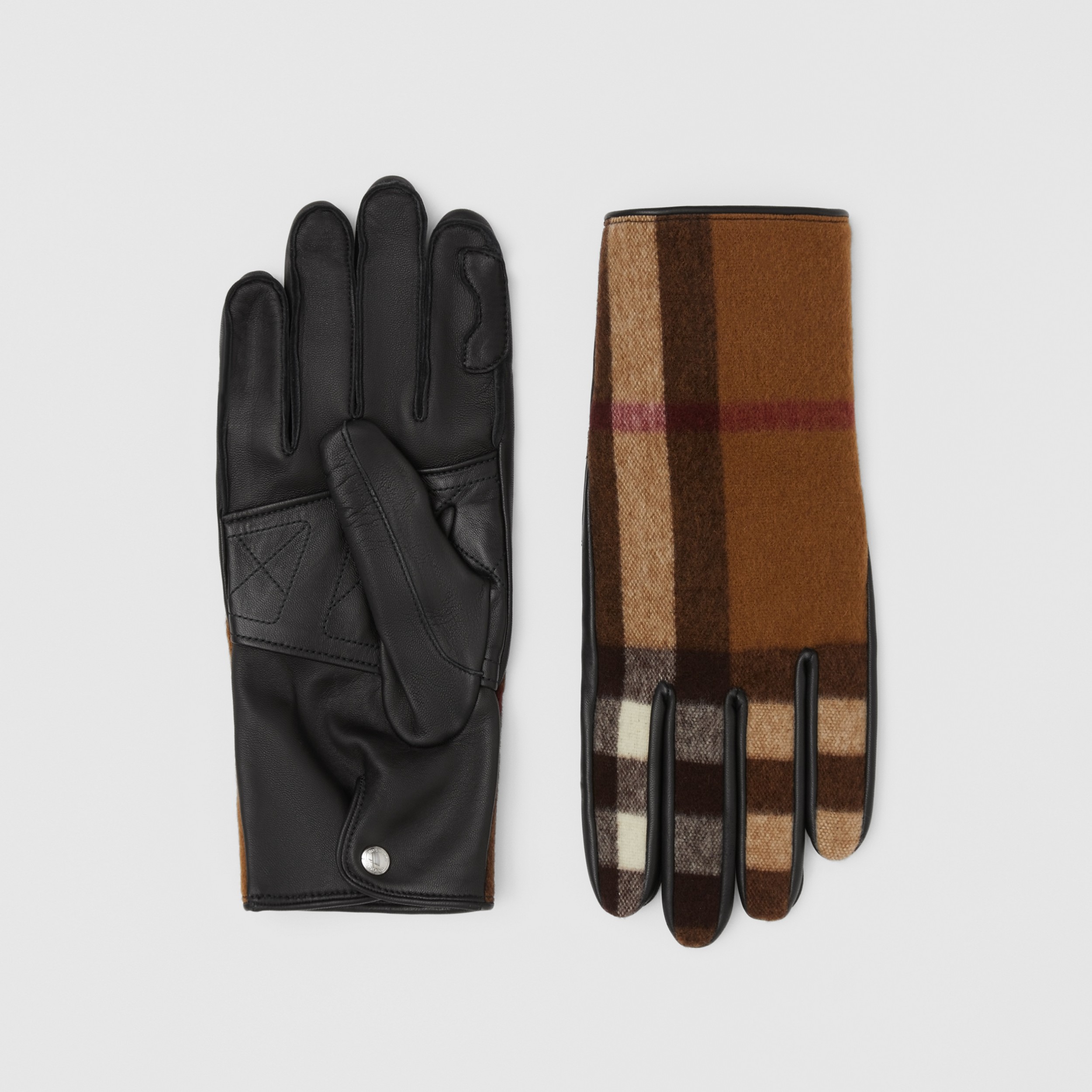 Cashmere-lined Exaggerated Check Wool and Leather Gloves in Birch Brown | Burberry® Official - 1