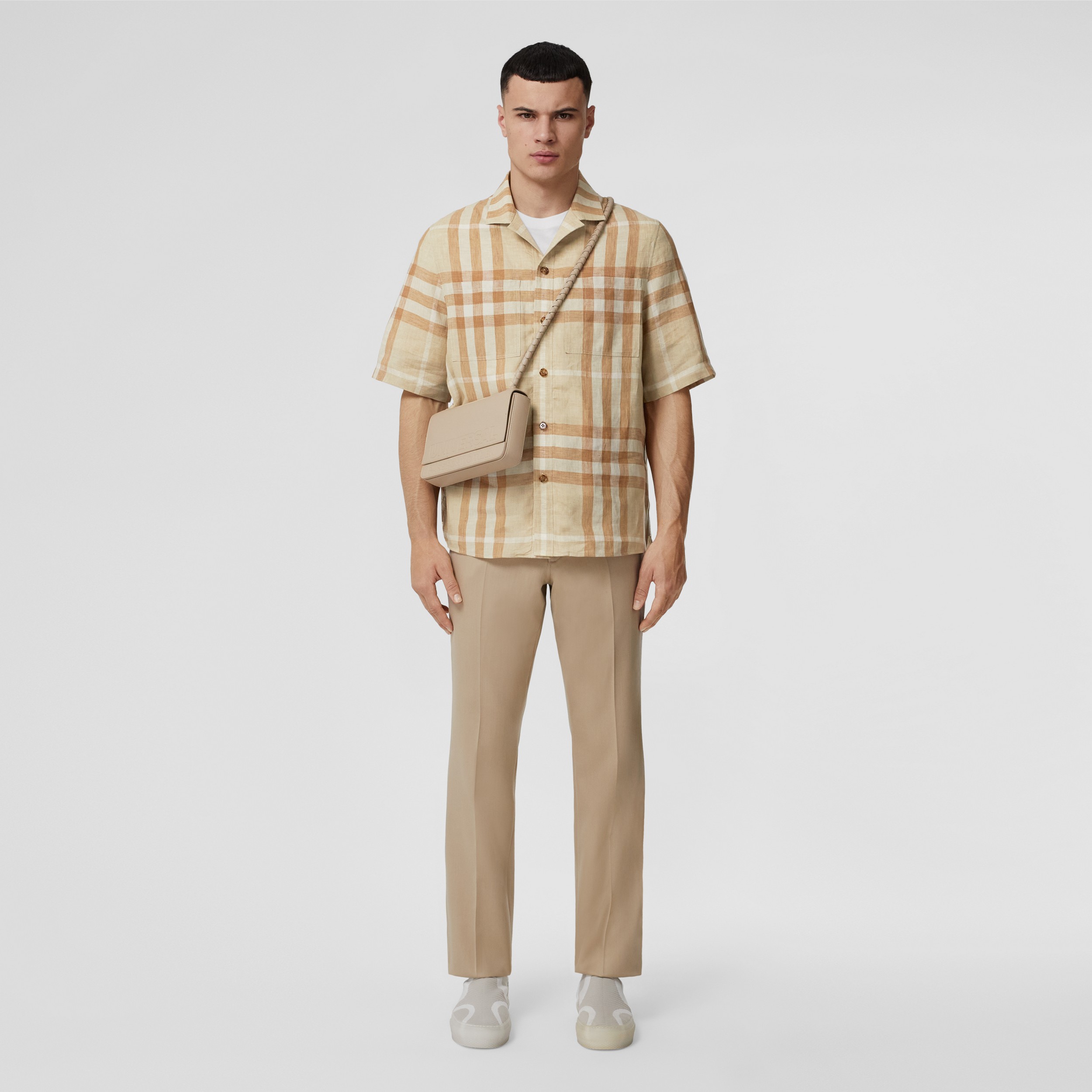Short-sleeve Check Linen Shirt in Soft Fawn - Men | Burberry® Official - 1