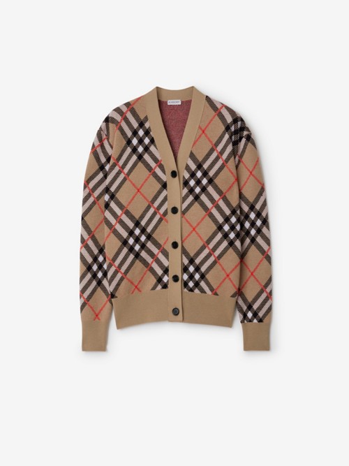 Burberry Check Wool Blend Cardigan In Brown