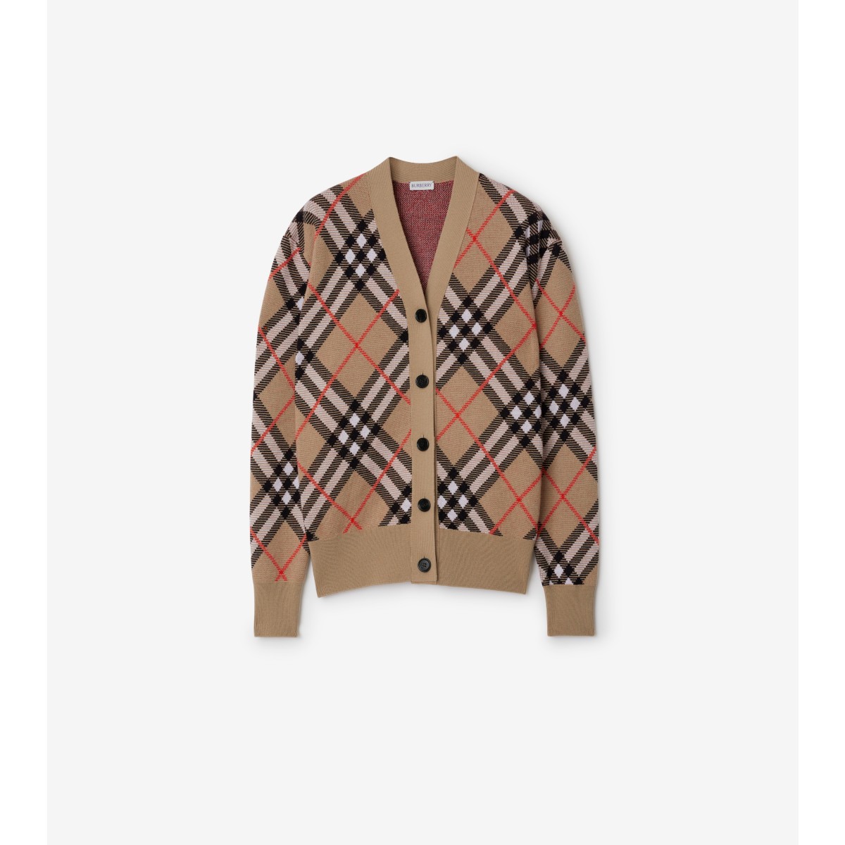 Shop Burberry Check Wool Blend Cardigan In Sand