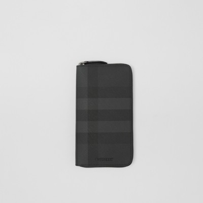 Burberry Charcoal Check And Leather Ziparound Wallet