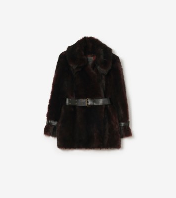 Burberry ショート シアリング リンリー コート (ブラック／バーガンディ) - ウィメンズ, レザー | Burberry®公式サイト