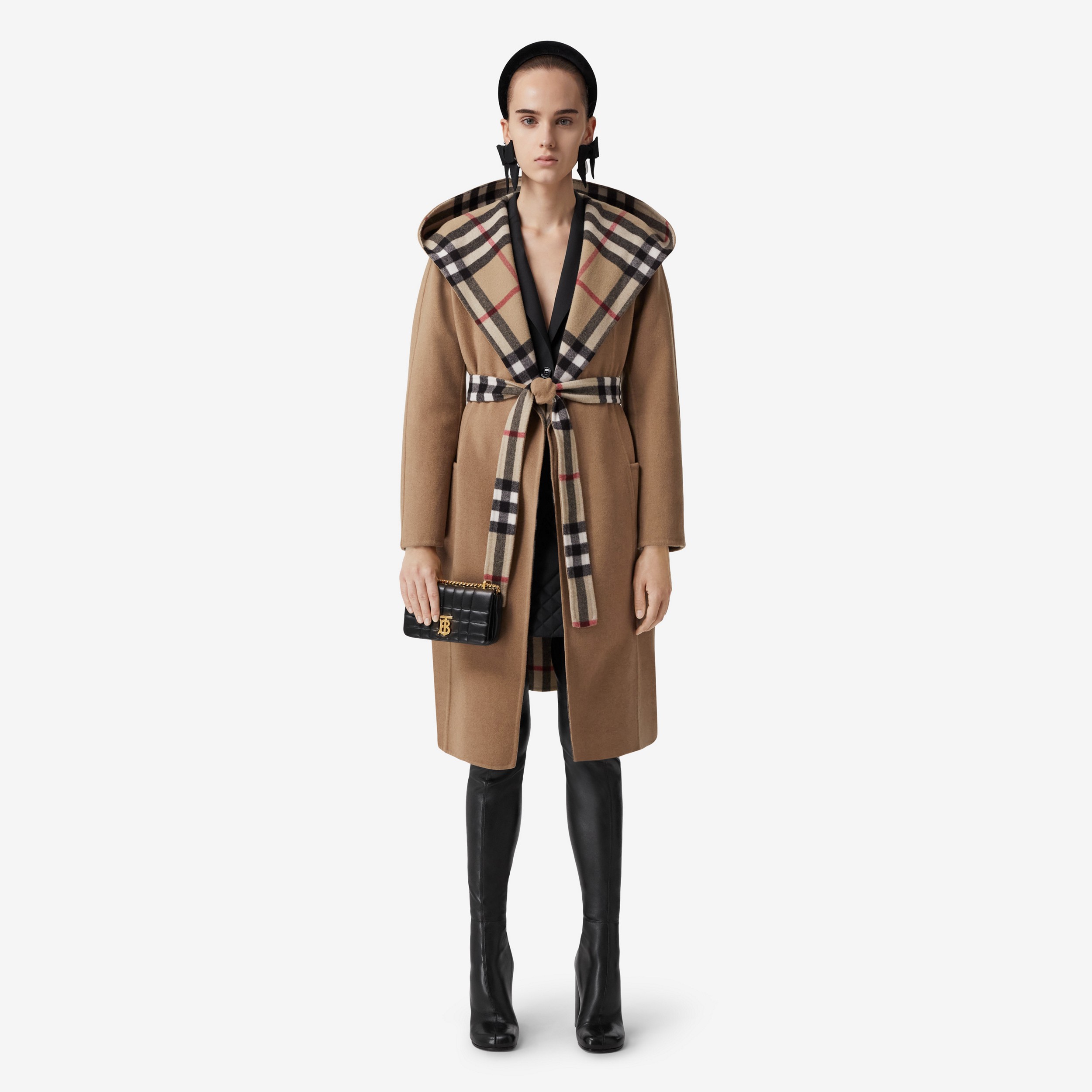 Check Detail Wool Hooded Wrap Coat in Archive Beige - Women | Burberry® Official - 2