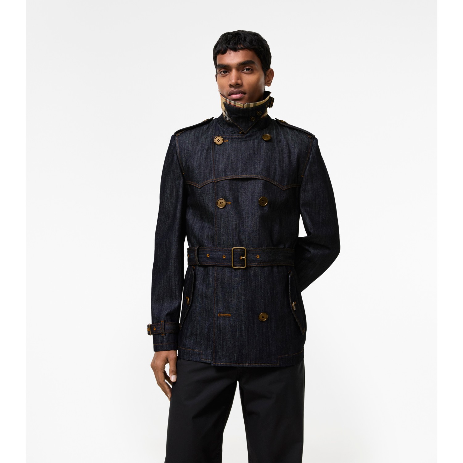 Short Denim Trench Coat in Dark indigo - Men, Cotton | Burberry® Official