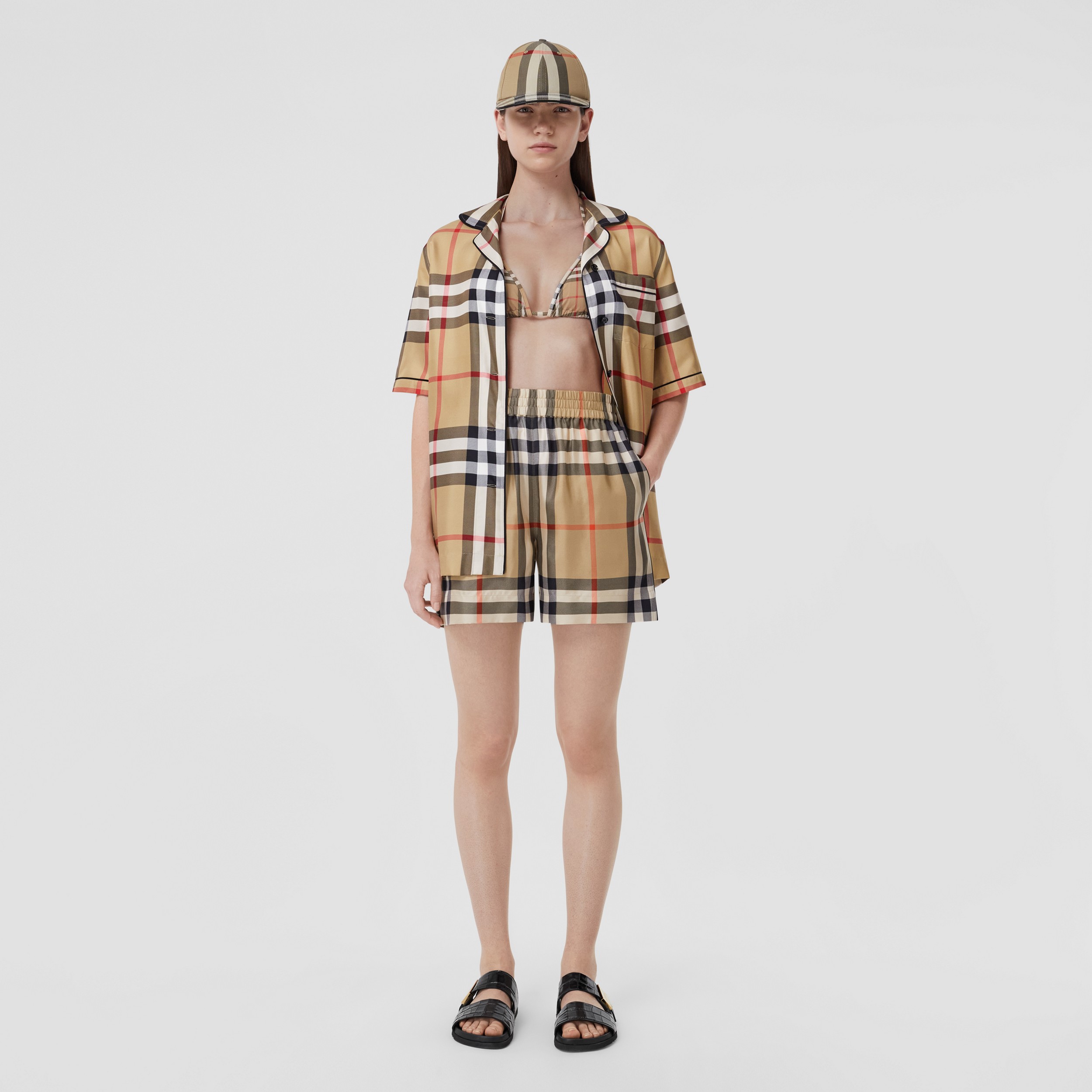 Check Silk Shorts in Archive Beige - Women | Burberry® Official - 1