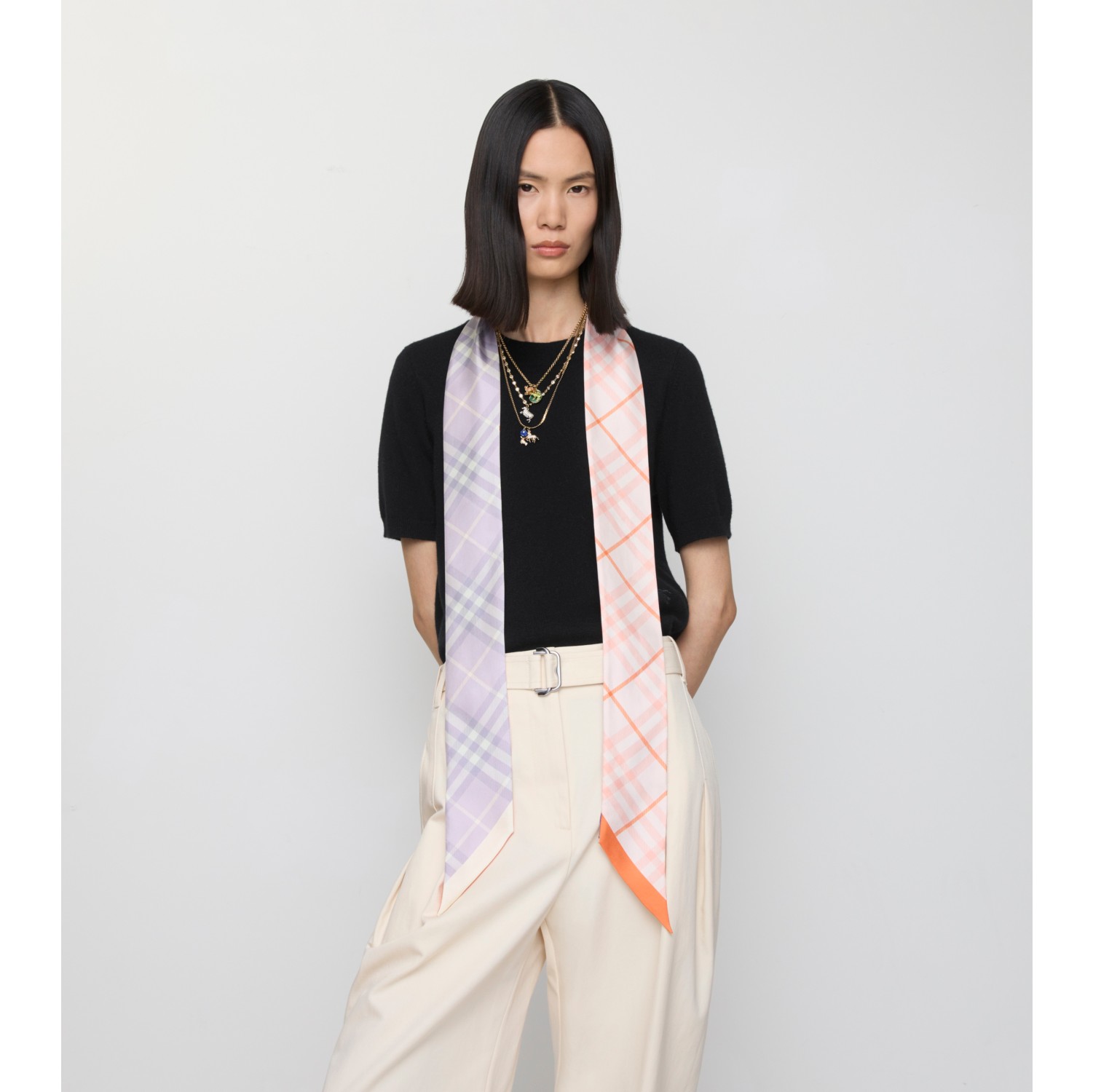 Skinny Contrast Check Silk Scarf