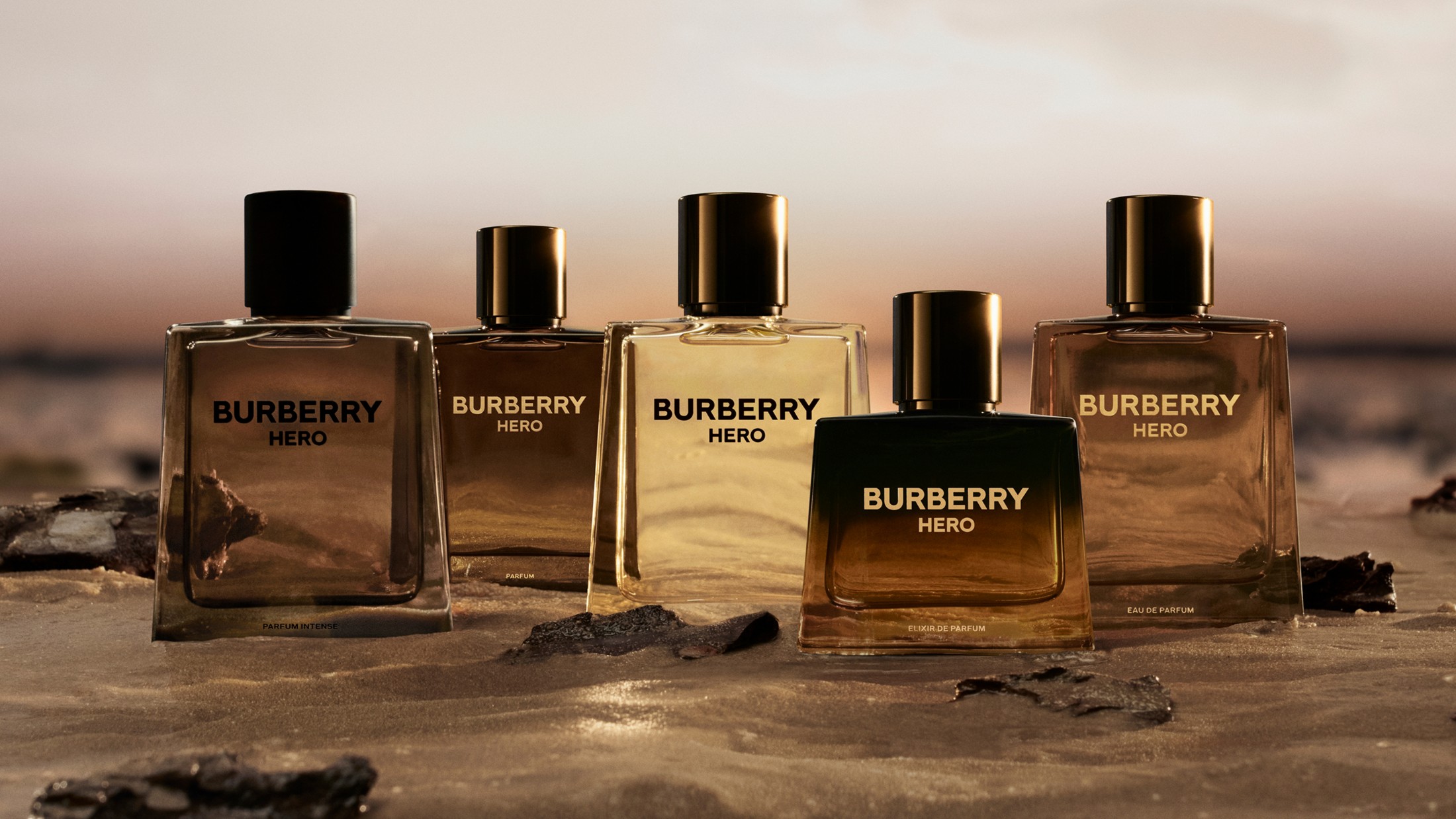 Burberry Hero Fragrance Bottles including the new Hero Elixir