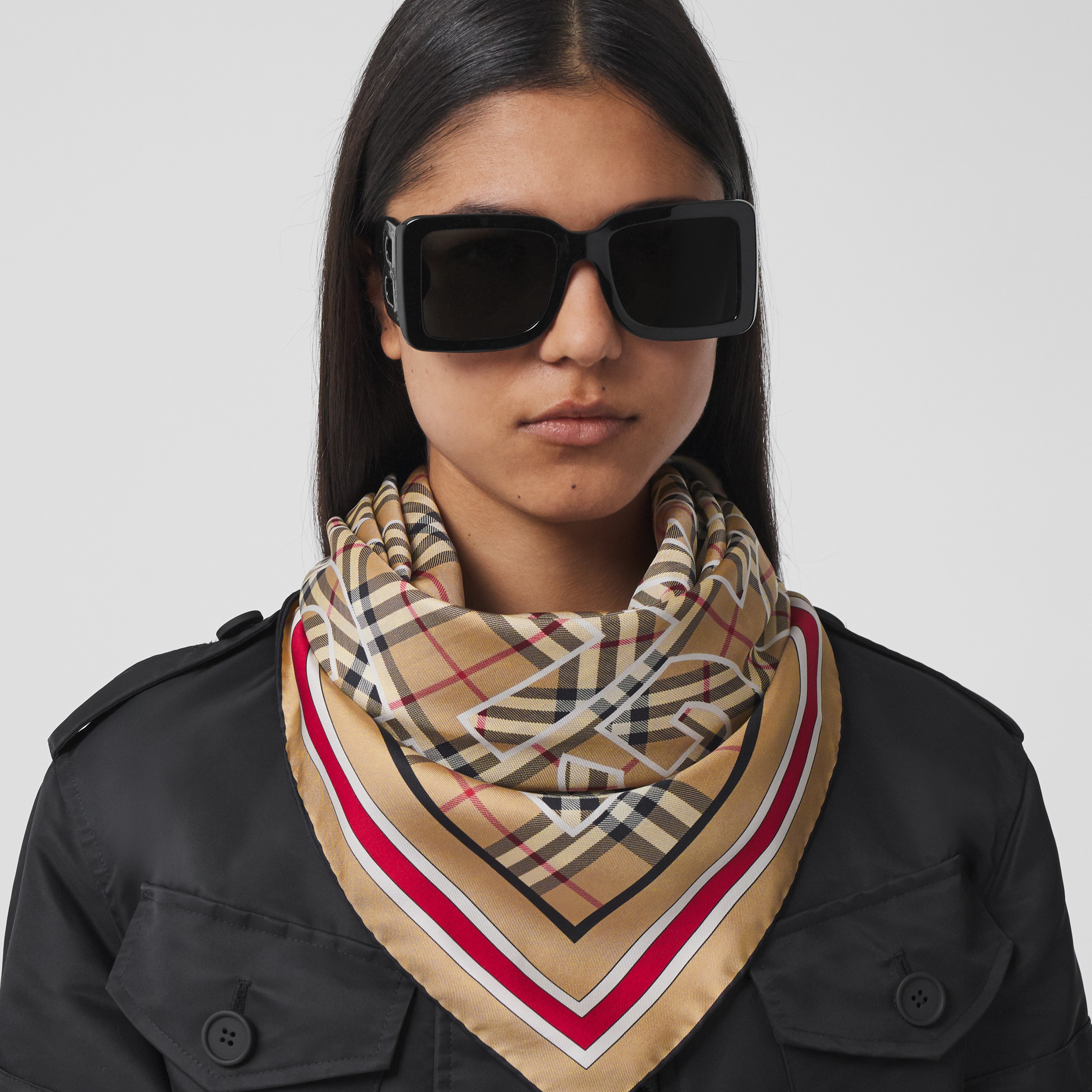 Vintage Check Logo Print Silk Square Scarf in Archive Beige | Burberry® Official - 3