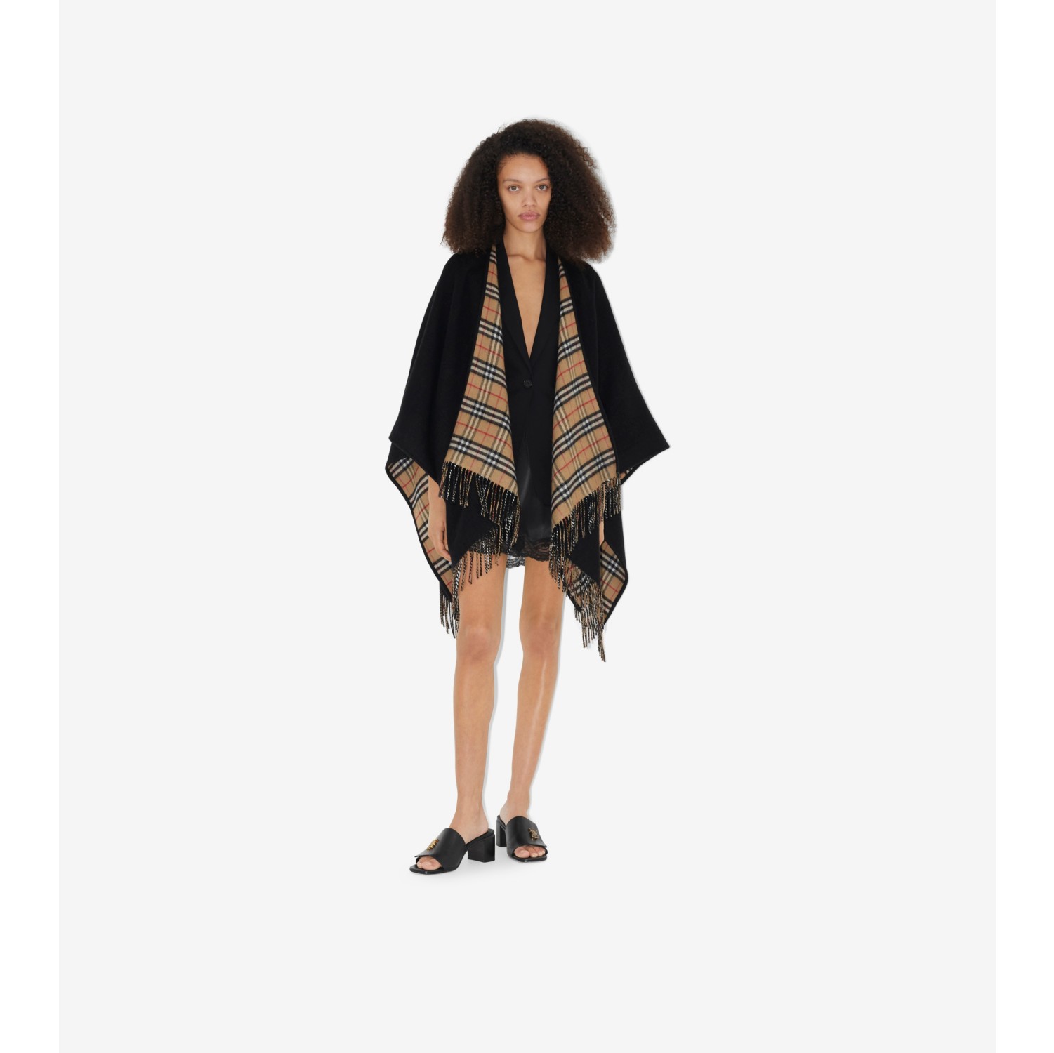 Check Wool Reversible Cape in Black | Burberry® Official