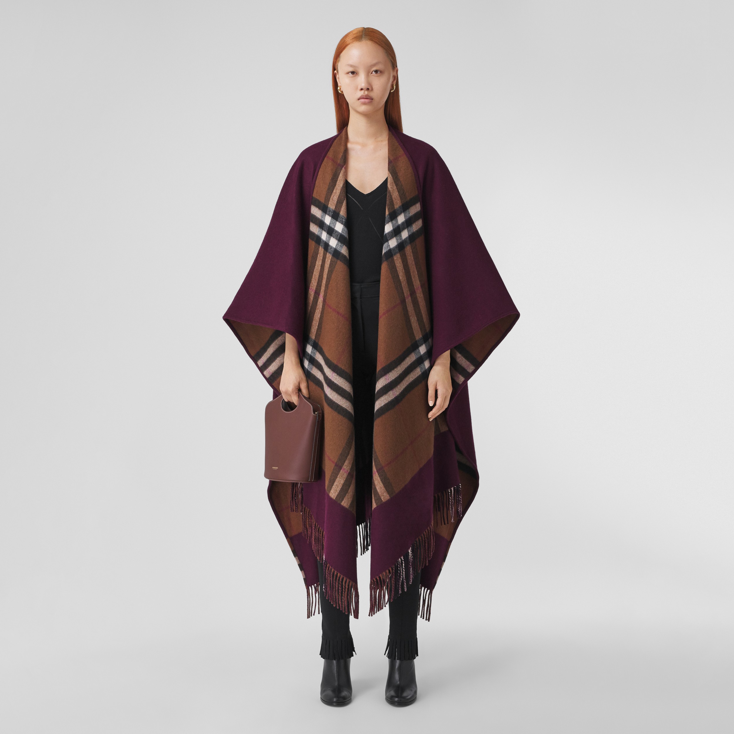Reversible Check Wool Cashmere Cape in Cherry/birch Brown - Women | Burberry® Official - 1