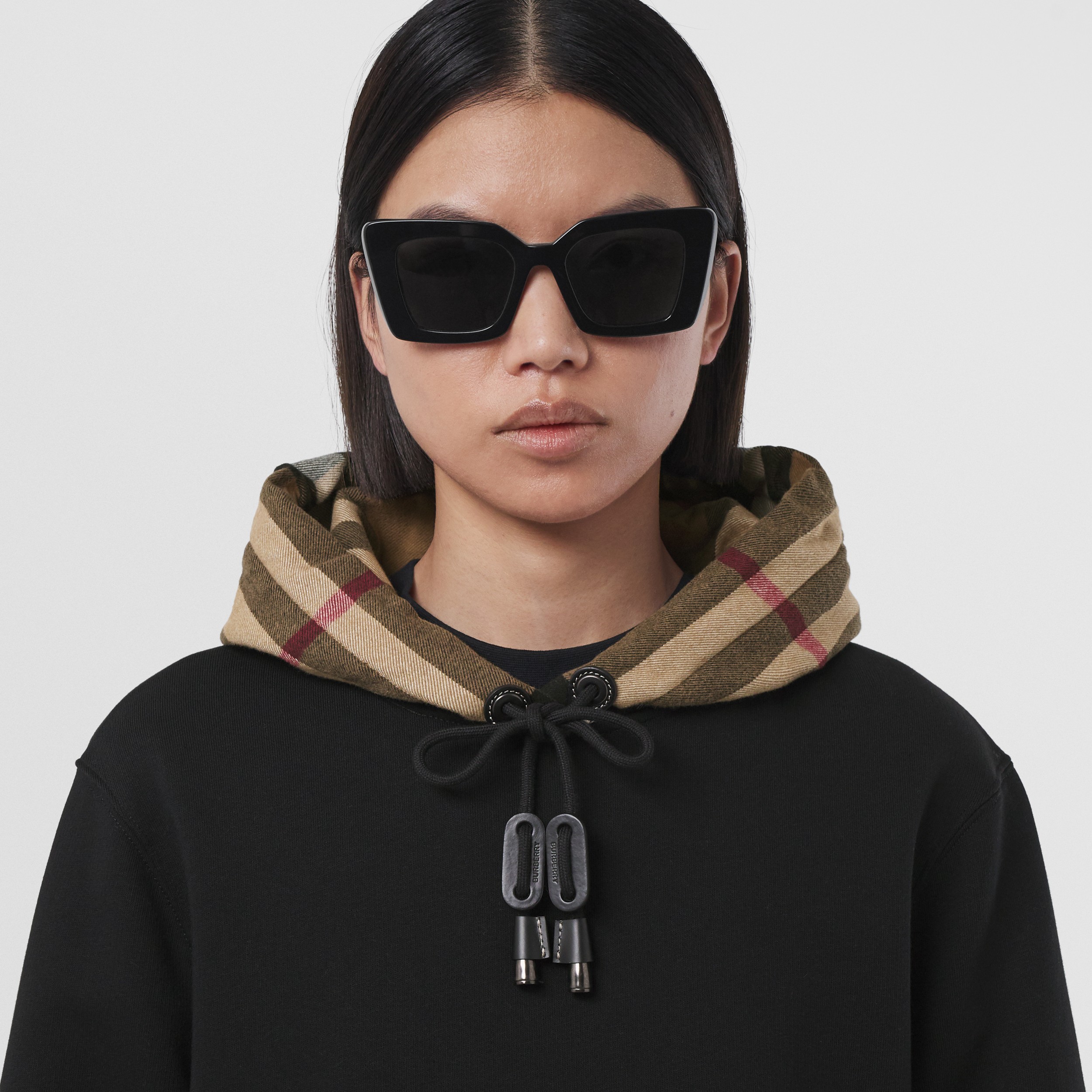 Check Hood Cotton Oversized Hoodie in Black - Women | Burberry® Official - 2