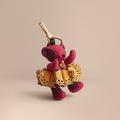 Burberry Thomas Bear Charm In Leather Lace And Crystals In Fuchsia Pink