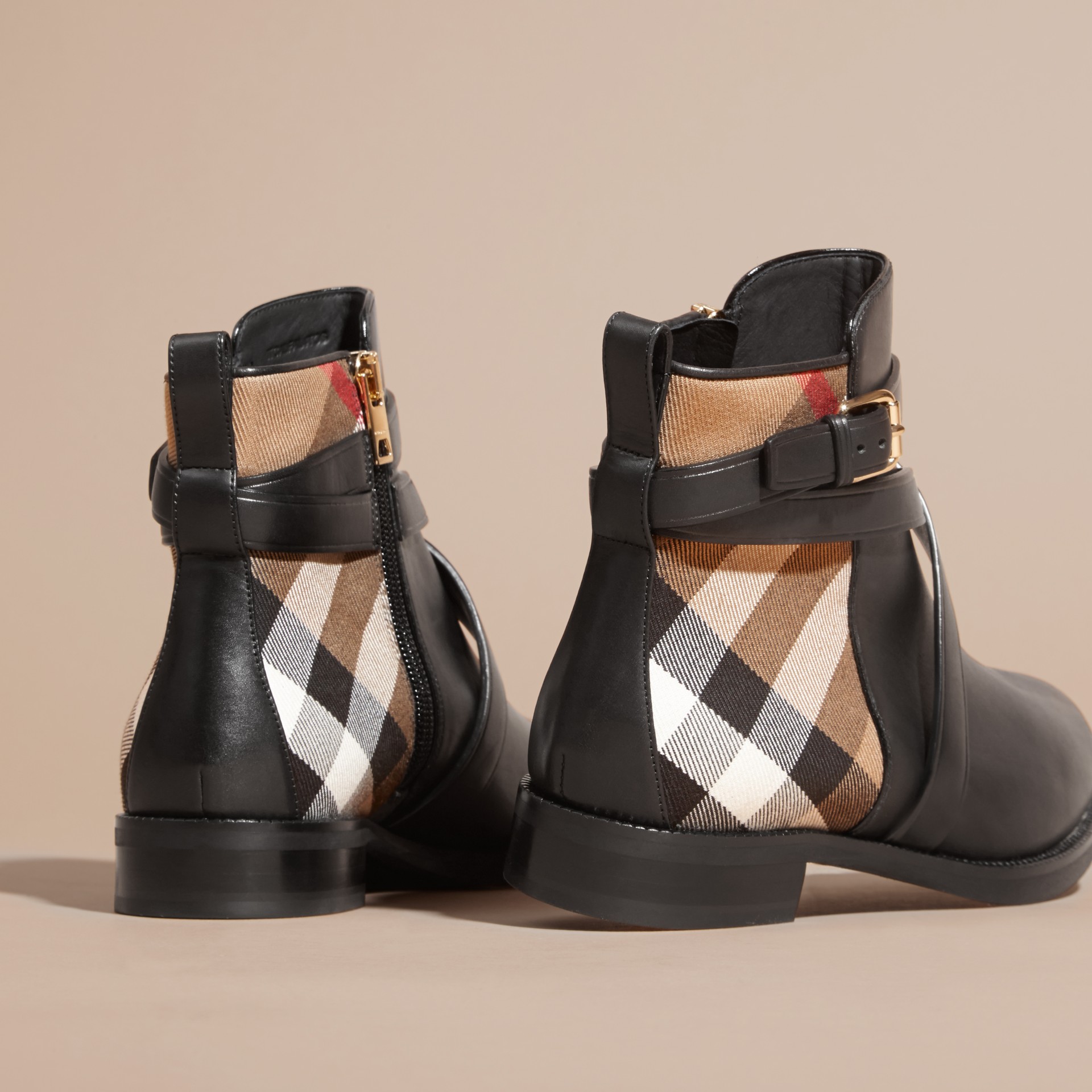 vintage check and leather ankle boots