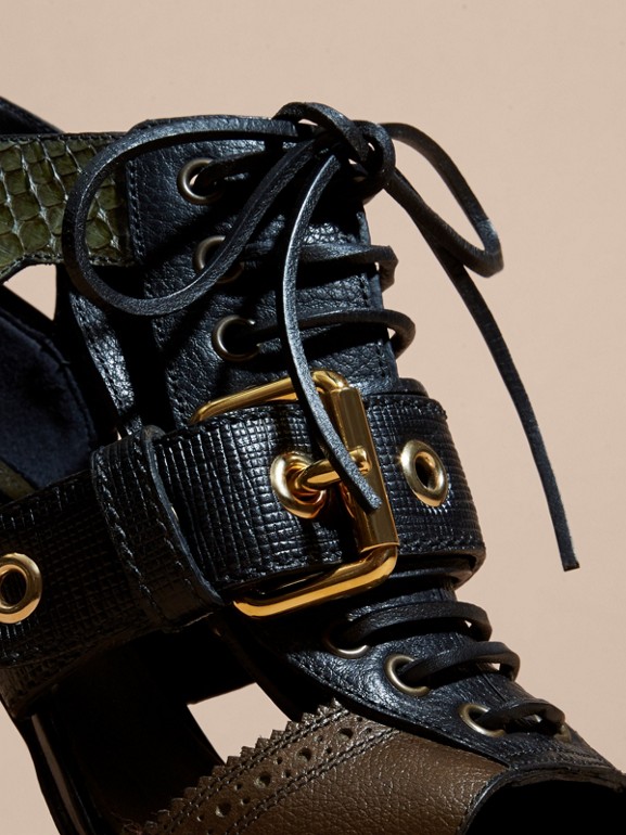 Buckle Detail Leather and Snakeskin Cut-out Ankle Boots in Military ...