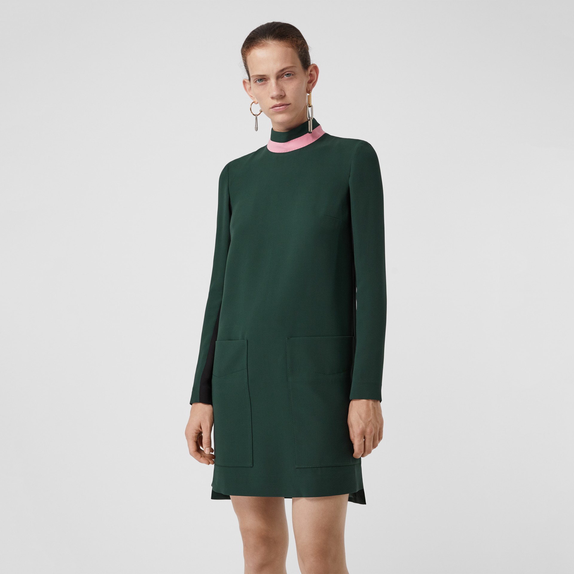 Two-tone Silk Wool Shift Dress in Dark Forest Green - Women | Burberry ...