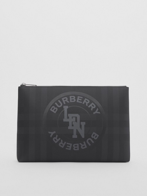 Burberry Logo Graphic London Check Zip Pouch In 다크 차콜