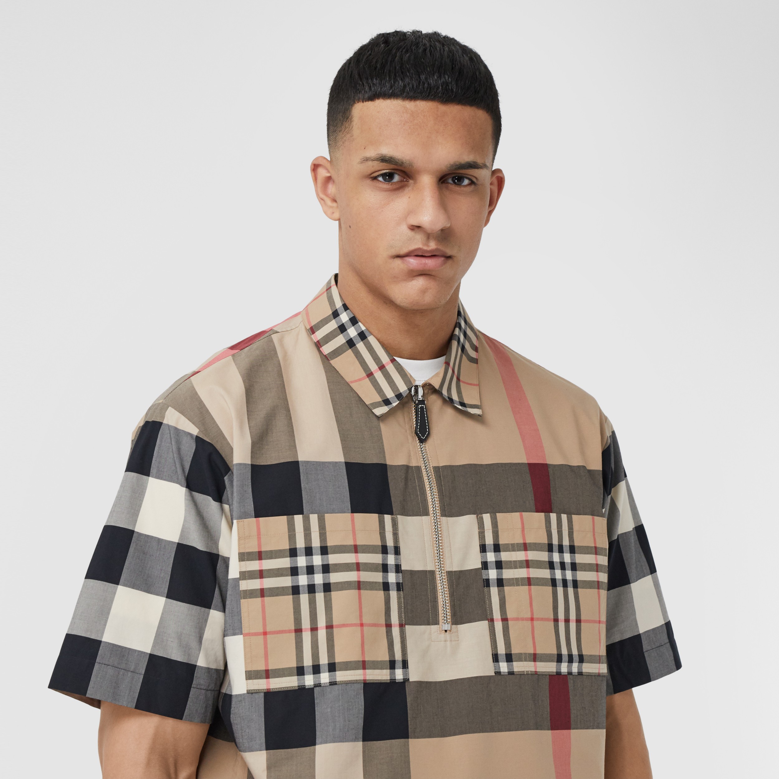 Short-sleeve Panelled Check Stretch Cotton Shirt in Archive Beige - Men ...