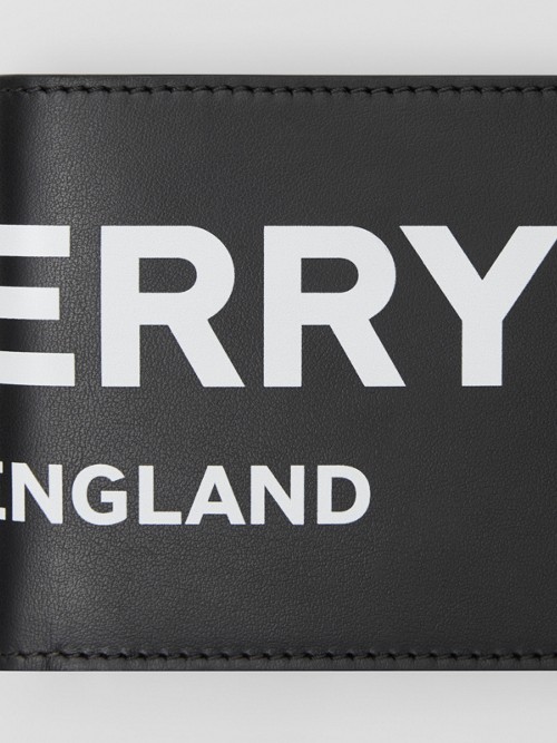 BURBERRY Logo Print Leather Bifold Wallet with ID Card Case