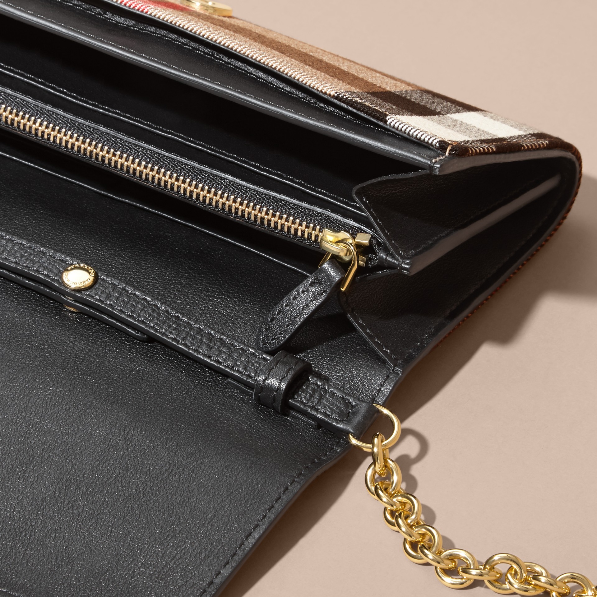House Check and Leather Wallet with Chain in Black Women Burberry