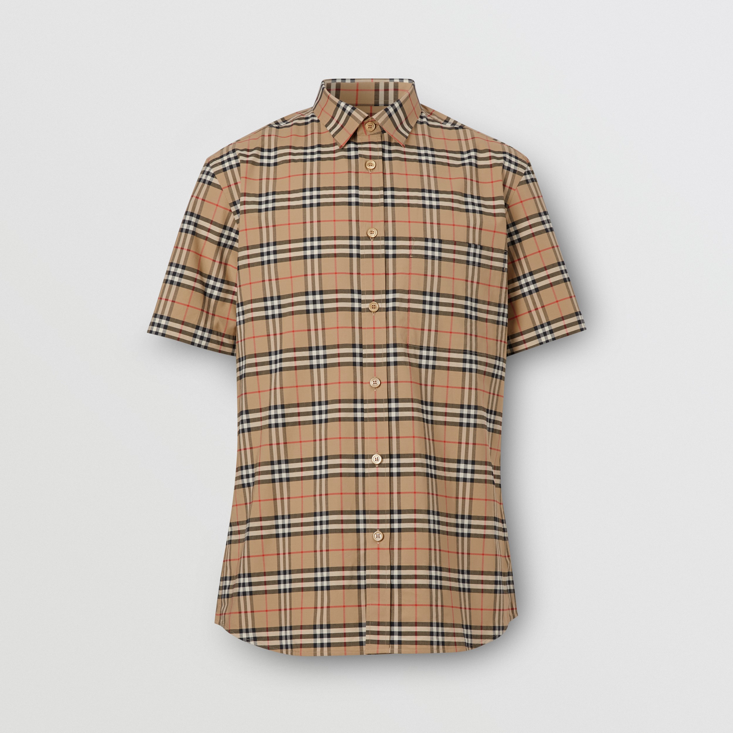Short-sleeve Small Scale Check Stretch Cotton Shirt in Archive Beige - Men | Burberry® Official - 4