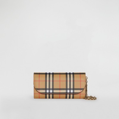 vintage check and leather wallet with detachable strap