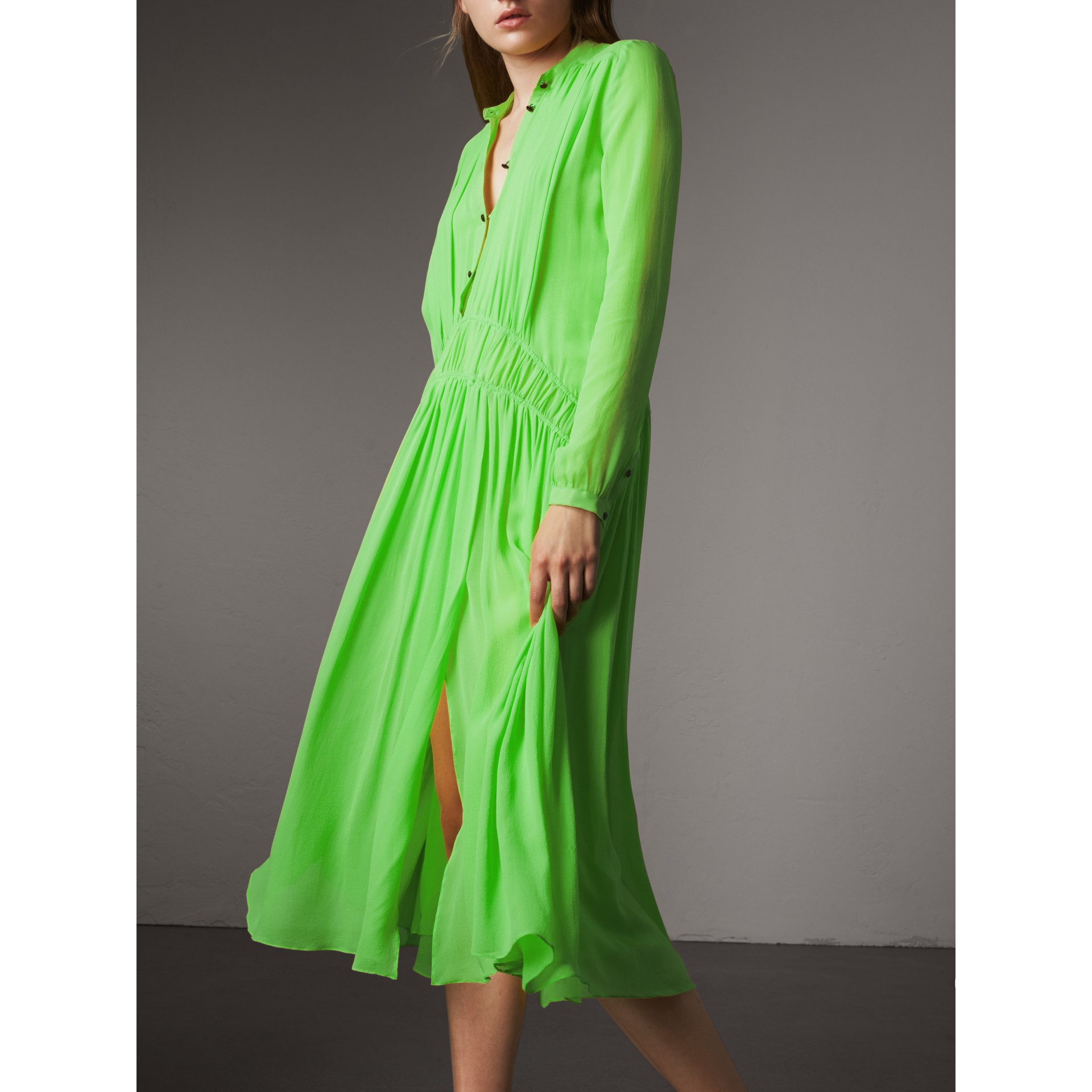 Gathered Silk Georgette Dress in Neon Green - Women | Burberry United ...