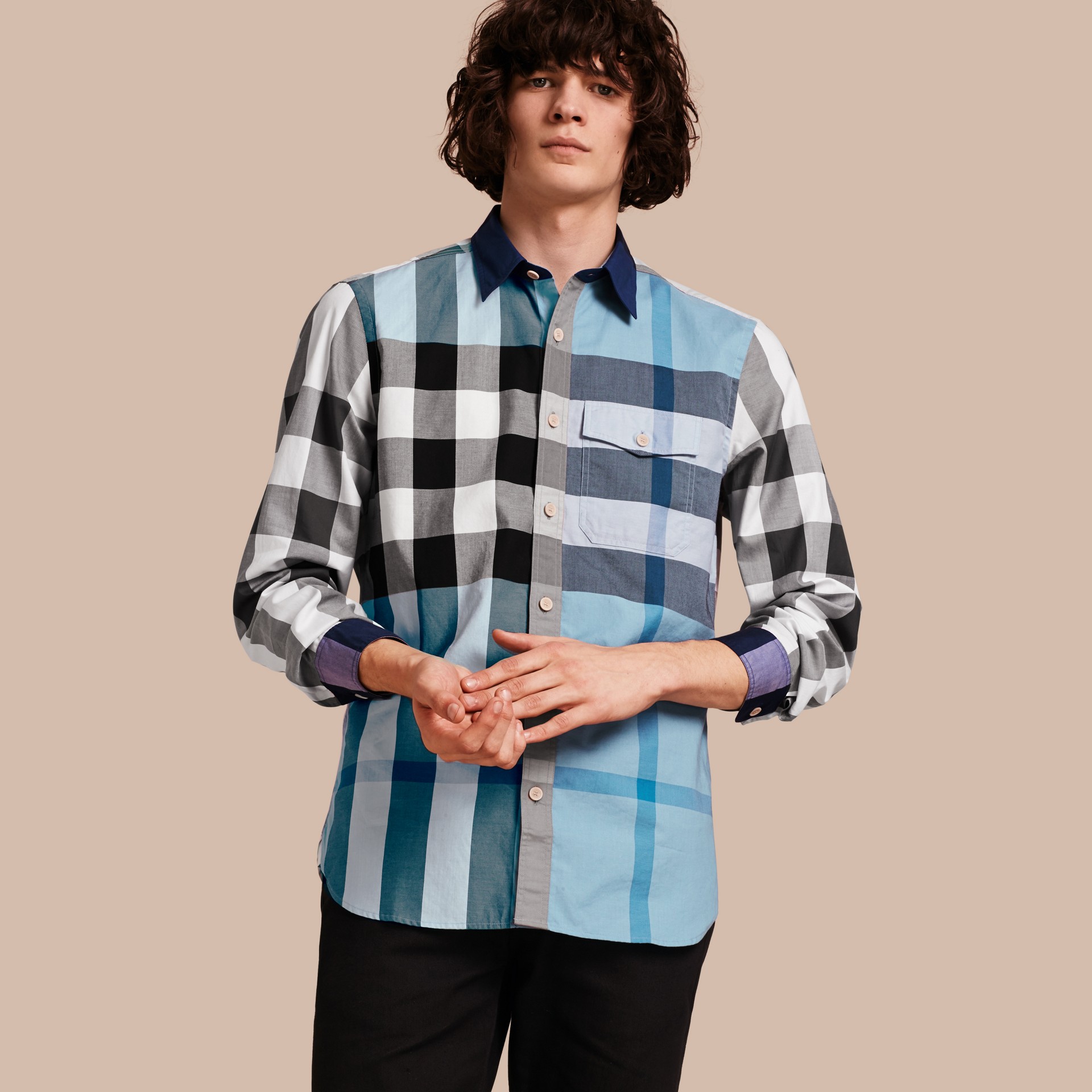 Check Cotton Poplin Shirt in Pale Blue - Men | Burberry United States