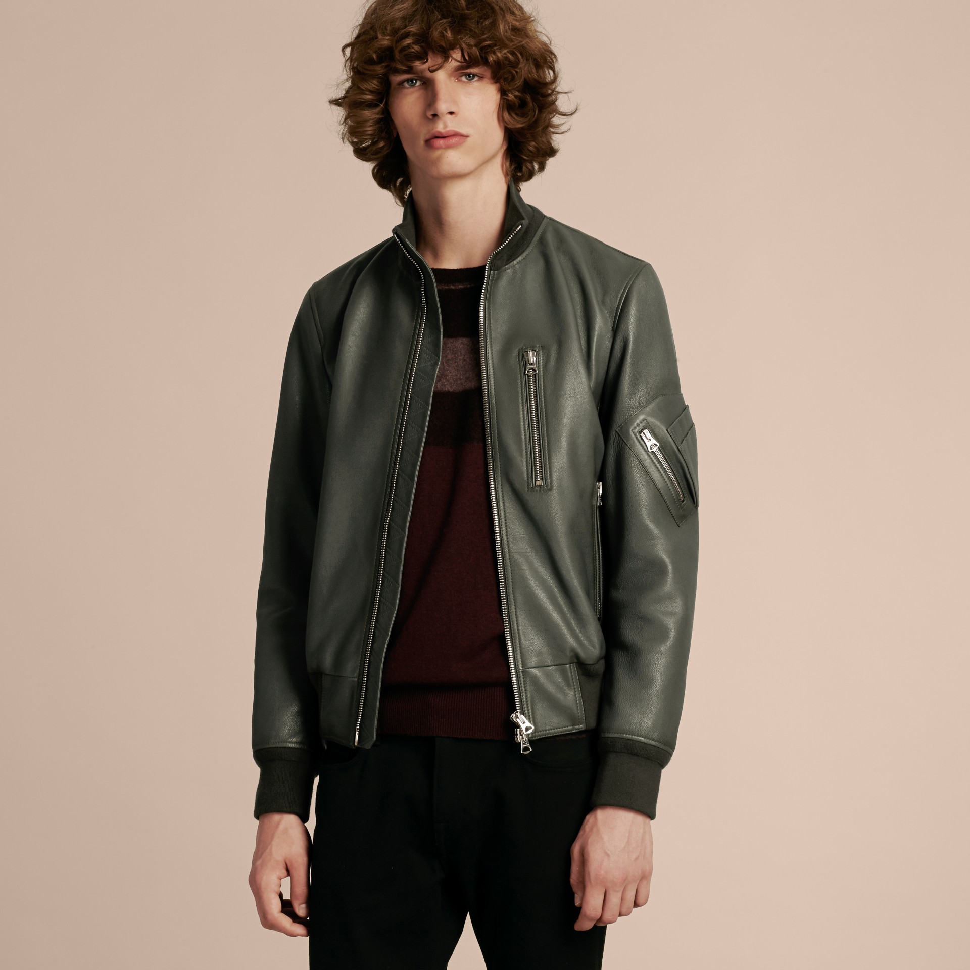 Leather Bomber Jacket with Stand Collar in Dark Steel - Men | Burberry ...