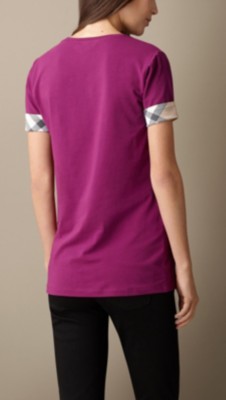 洋红色粉红 格纹袖口弹力棉质 t 恤衫 - 图 2