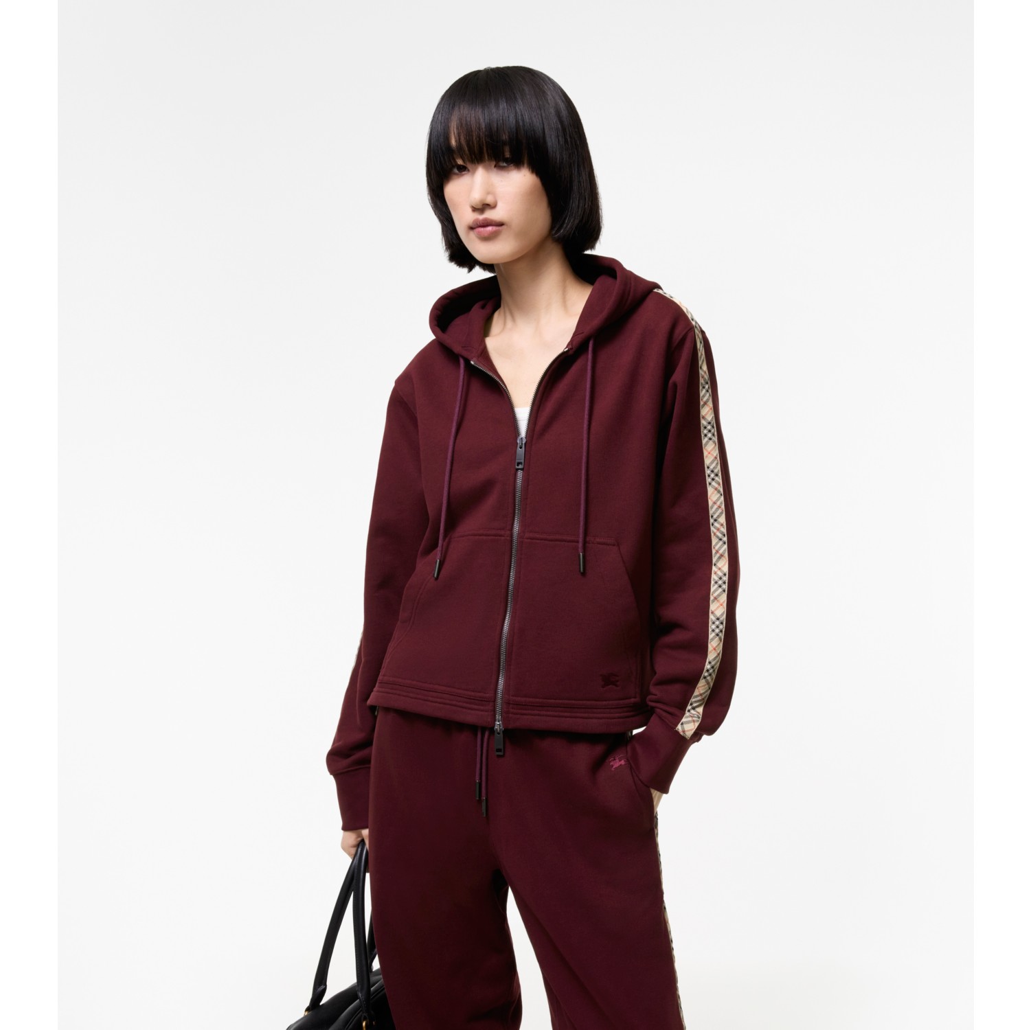 Check Trim Cotton Zip Hoodie