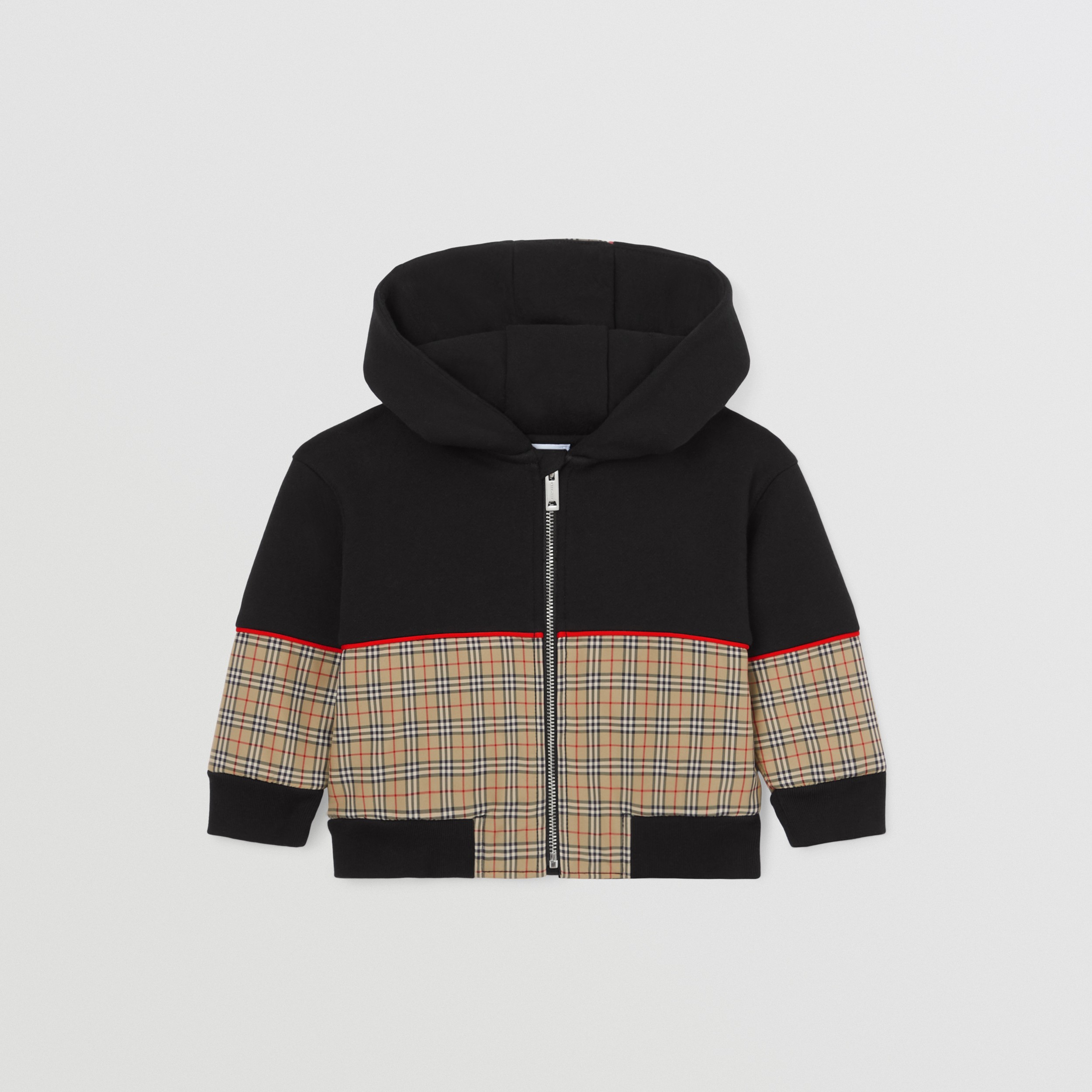 Check Panel Cotton Hooded Top in Black - Children | Burberry® Official - 1