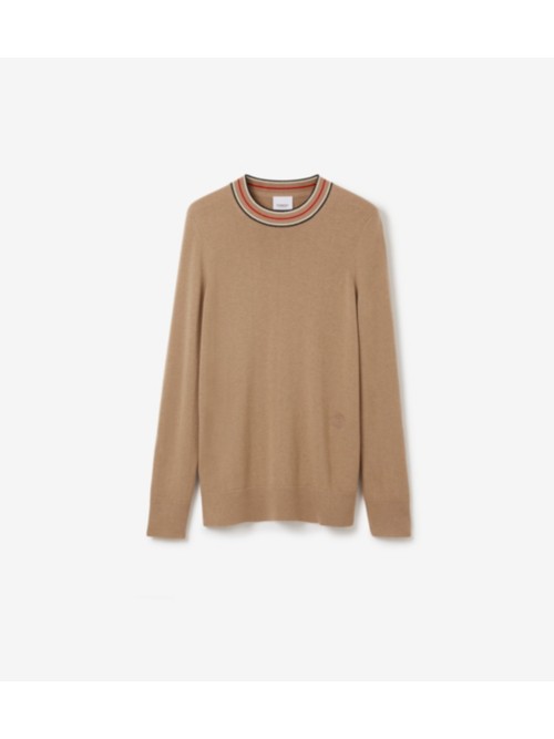 Shop Burberry Stripe Collar Cashmere Sweater In Camel
