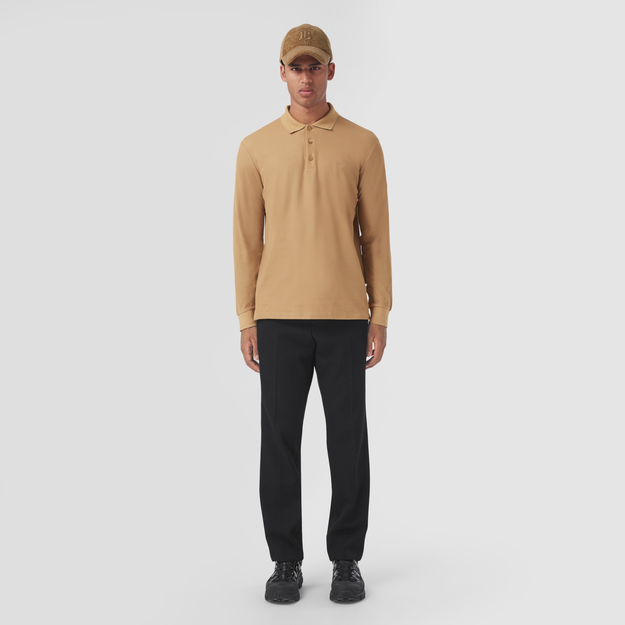 Long-sleeve Monogram Motif Cotton Piqué Polo Shirt in Camel - Men | Burberry®  Official