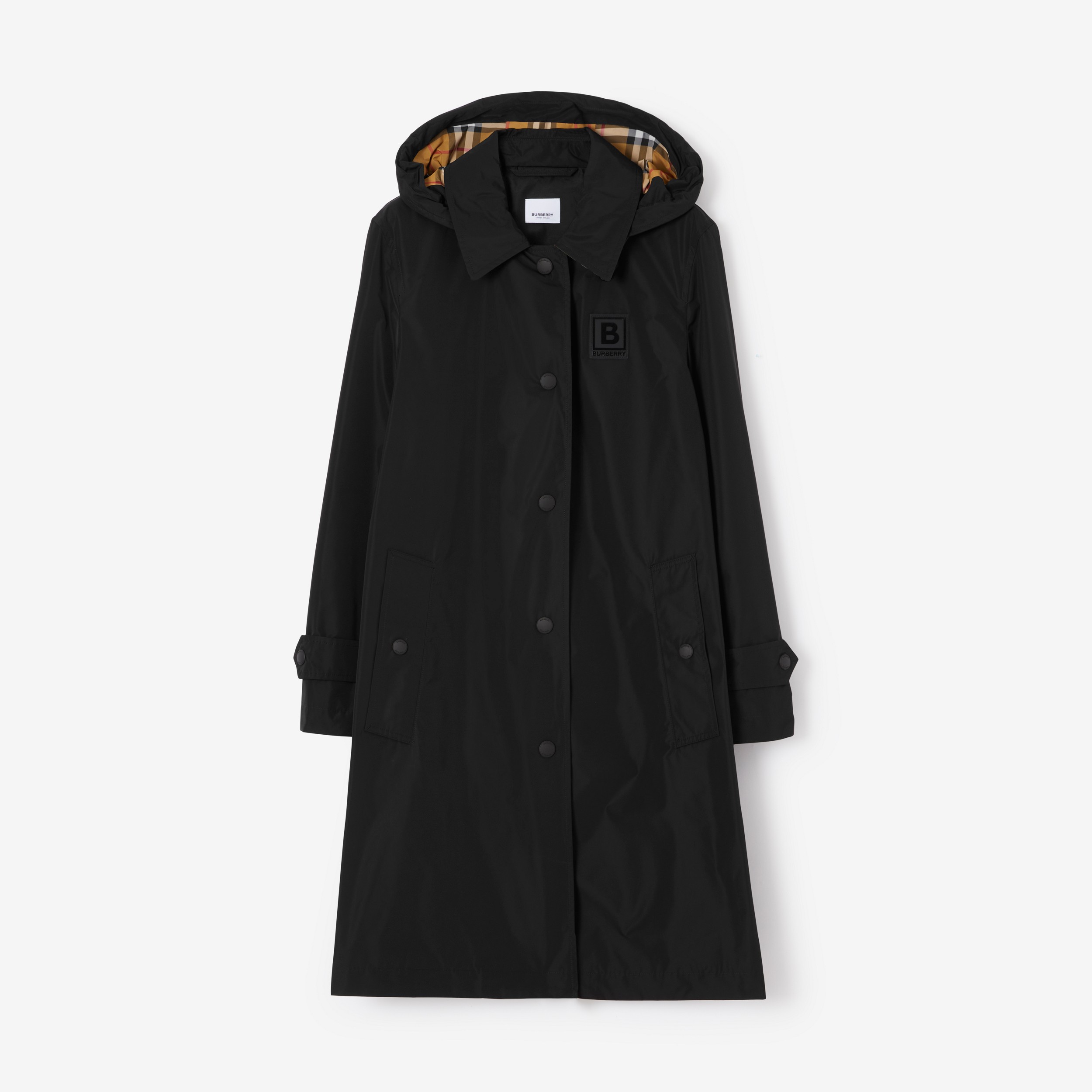 Car coat com capuz e estampa gráfica de letra (Preto) - Mulheres | Burberry® oficial - 1