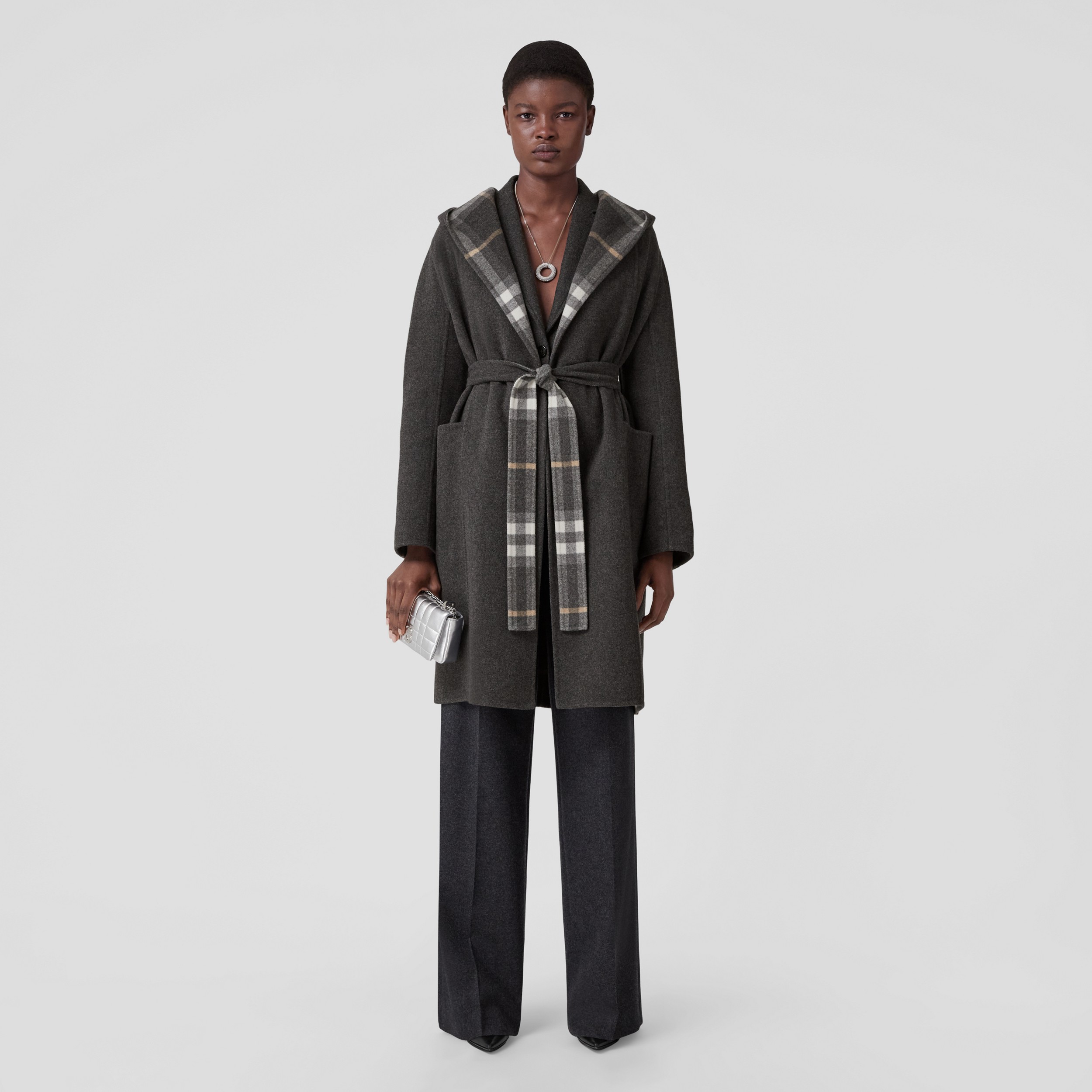Check Detail Wool Hooded Wrap Coat in Charcoal/grey - Women | Burberry® Official - 1