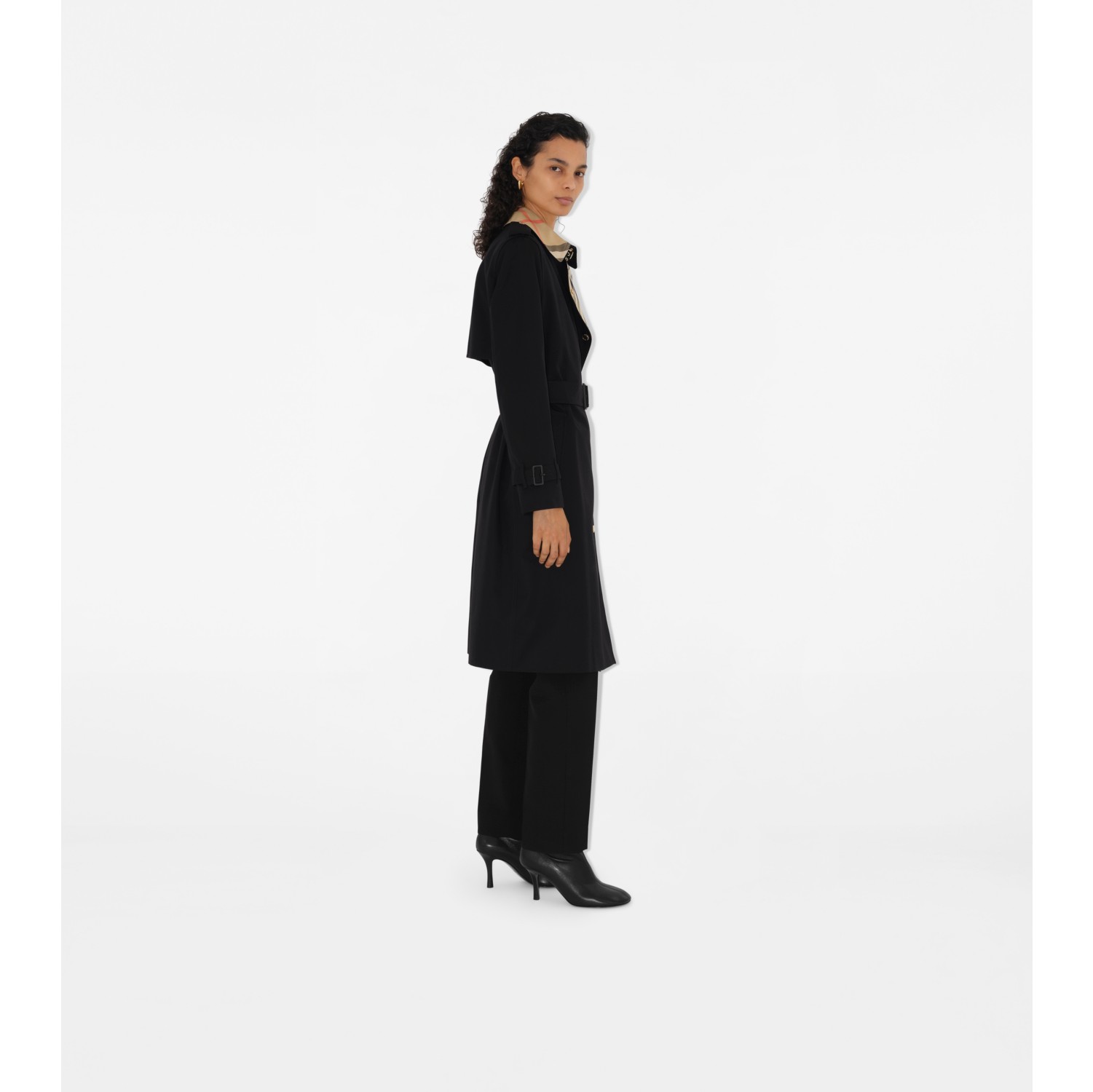 Long Check Collar Gabardine Trench Coat