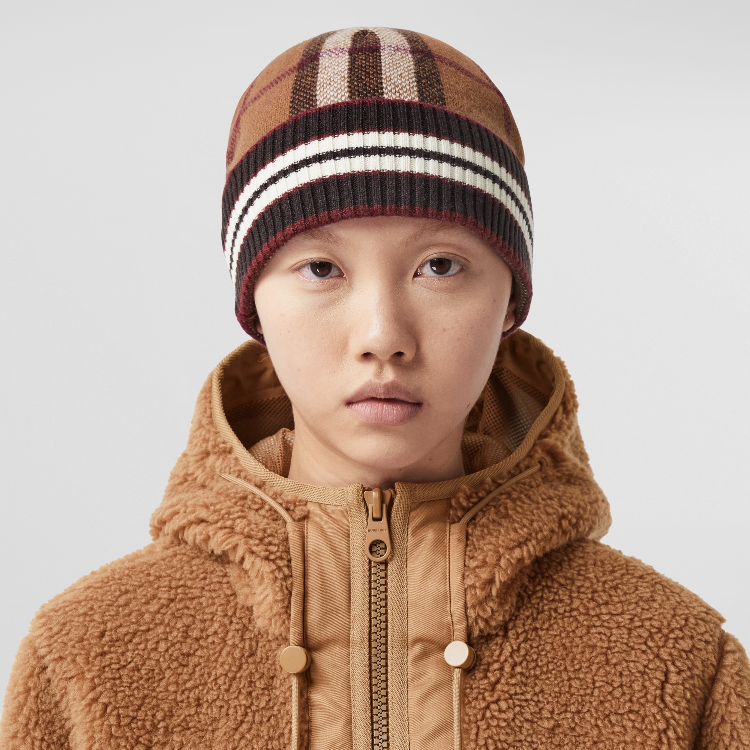 Check and Stripe Cashmere Beanie in Dark Birch Brown Burberry® Official